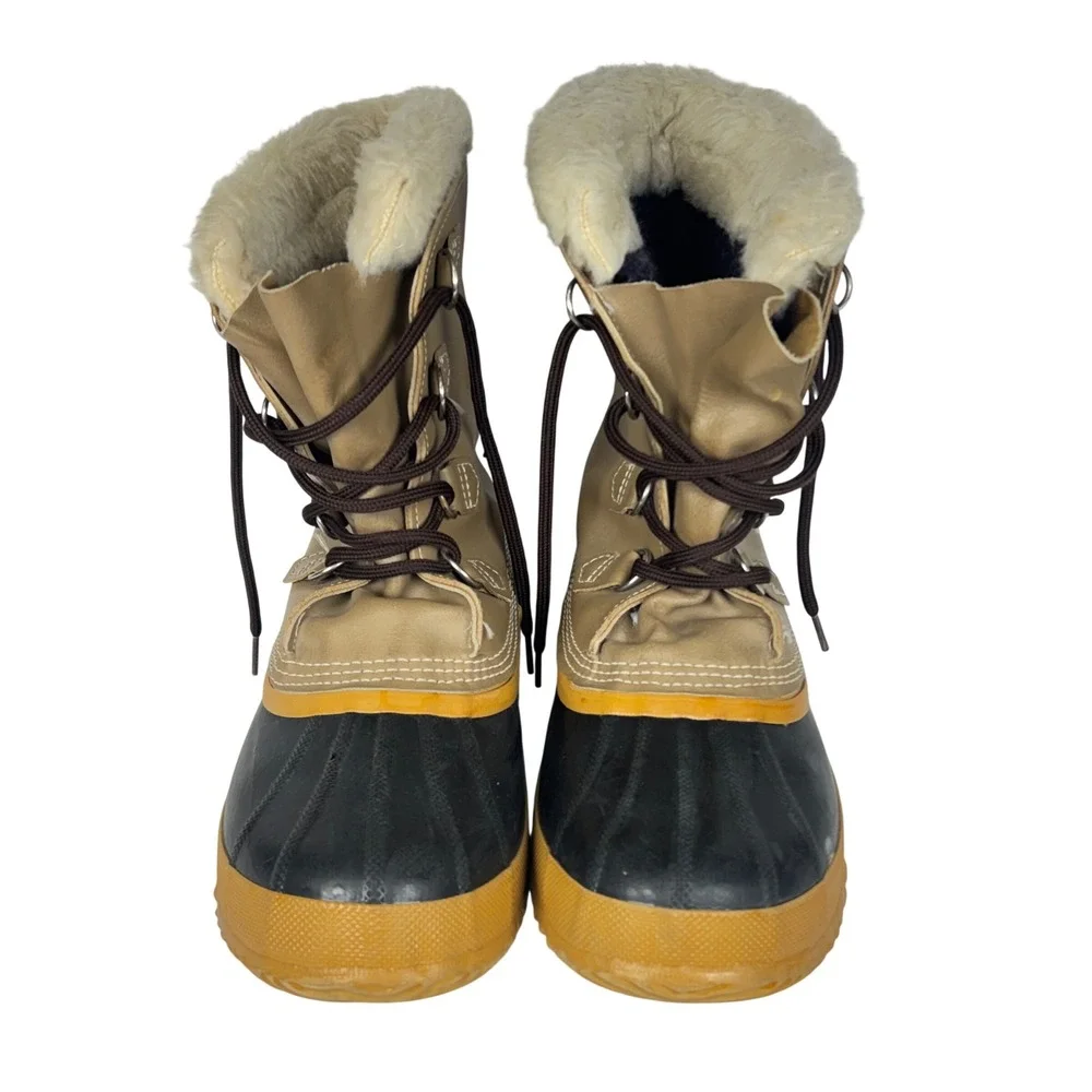 Sorel Snow Boots Tan Brown Leather Heavy Duty Rubber Faux Fur Winter Mens 9